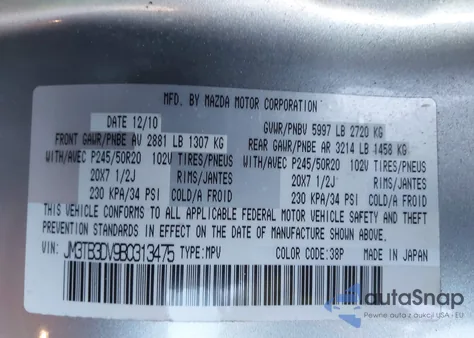 2011 Mazda Cx-9 Grand Touring from USA, damaged, VIN JM3TB3DV9B0313475